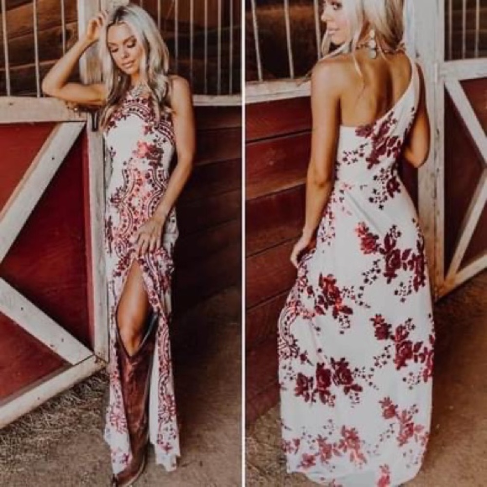 Southern Fried Chics champagne red sequin one shoulder dress